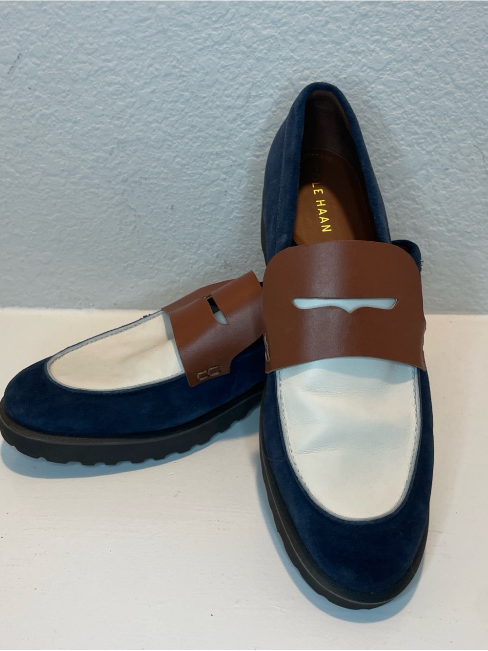 Cole Haan Navy Blue, White & Brown Suede-Leather Penny Loafers